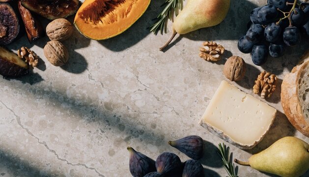 autumn dinner ingredients placed naturally around the perimeter of a neutral stone table, roasted vegetables, pumpkin, pears, figs