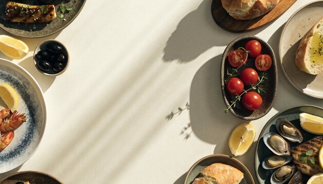 Mediterranean dinner, overhead composition with grilled vegetables, seafood, crusty bread, olives, tomatoes, lemons, herbs 