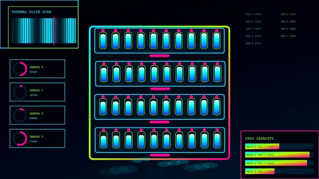 A virtual lab interface shows data analytics with neon glowing bar graphs and sensor readings displayed on a dark panel screen for scientific monitoring of equipment