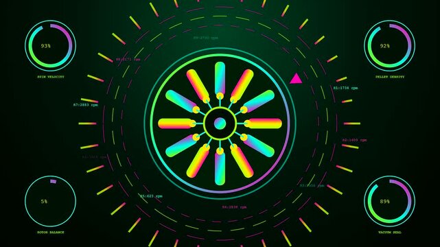 A digital virtual lab interface displays circular data gauges with neon glowing centrifuge spinning rotors and analytical metrics fluctuating in a dark futuristic computer dashboard environment