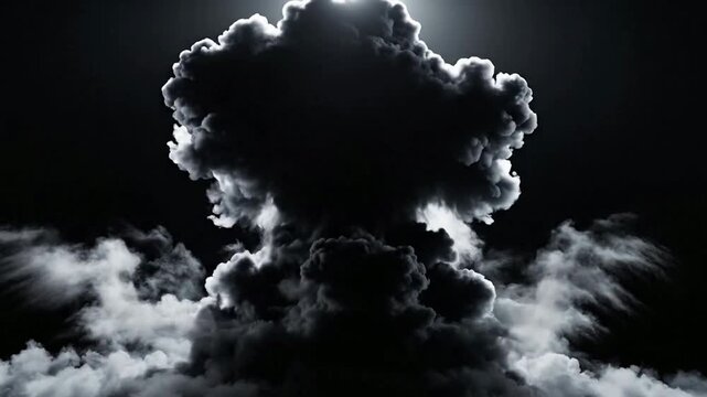 Dramatic black and white explosion mushroom cloud rising in slow motion with intense backlight for cinematic sci-fi and action projects
