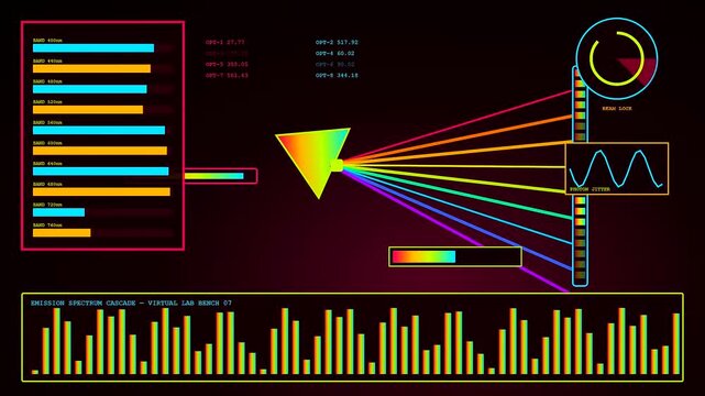 A digital virtual lab interface displays complex spectral light wave data analysis with glowing colorful charts and triangular prism light diffraction patterns on dark display screens