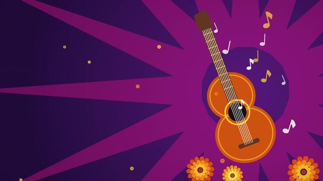 Dia de los Muertos Guitar Music Notes and Marigolds Fiesta Loop Background