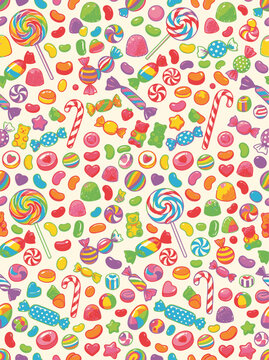 A colorful assortment of candies and sweets, including lollipops, gummy bears, and jelly beans, arranged in a playful pattern. This delightful pattern evokes a sense of joy and sweetness.