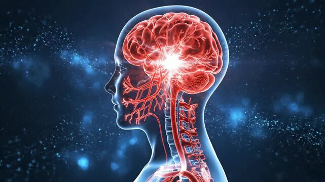 Human brain activity and nervous system visualization with glowing synaptic pulses and neural pathways in 3D motion