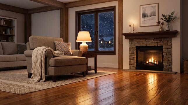Cozy living room interior with a warm fireplace and soft lamp light on a snowy winter evening