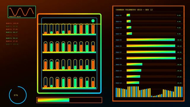 A digital virtual lab interface displays complex laboratory telemetry data with shifting graphical bar charts and vertical level indicators across multiple monitoring windows for scientific analysis