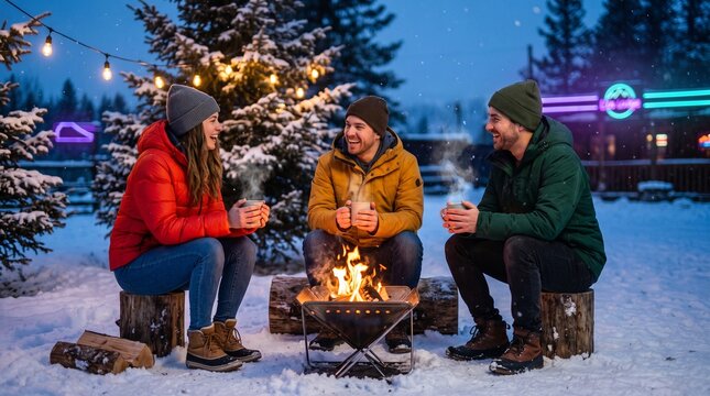 Three friends laughing together around a cozy outdoor fire pit during a snowy winter evening
