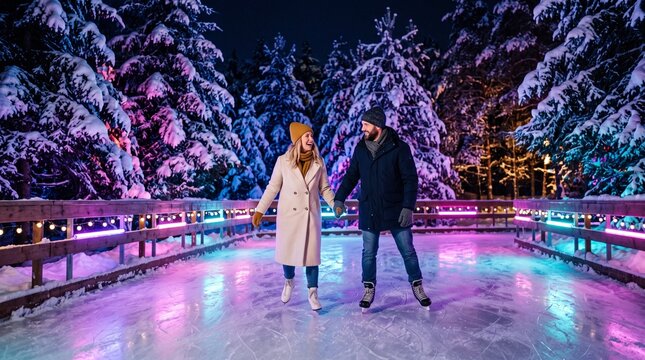 A happy couple ice skating together on a quiet outdoor rink surrounded by snowy pine trees