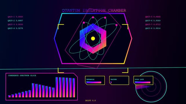 A digital virtual lab interface displaying fluctuating particle energy levels with hexagonal geometry and cycling color gradients presented in a minimalist cinematic HUD frame for analytics