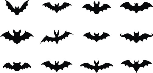 Fototapeta premium Halloween Set of black vector bat silhouettes featuring various flying poses and wing shapes for seasonal holiday design Halloween