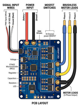 PCB layout of an Electronic Speed Controller (ESC) for a Brushless DC motor. This diagram illustrates the connections and components such as MOSFET switches, microcontroller, and motor leads
