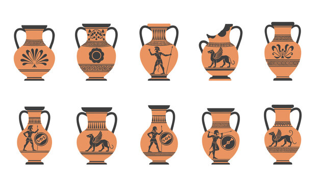 Collection of ancient Greek terracotta amphorae decorated with mythological gryphons warriors and floral motifs.