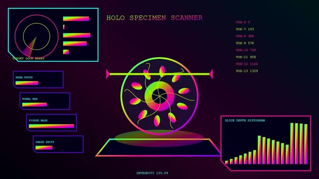 A digital virtual lab interface displays complex circular scanning animations with colorful glowing neon graphs and scrolling data metrics presented in a sequence of three frames
