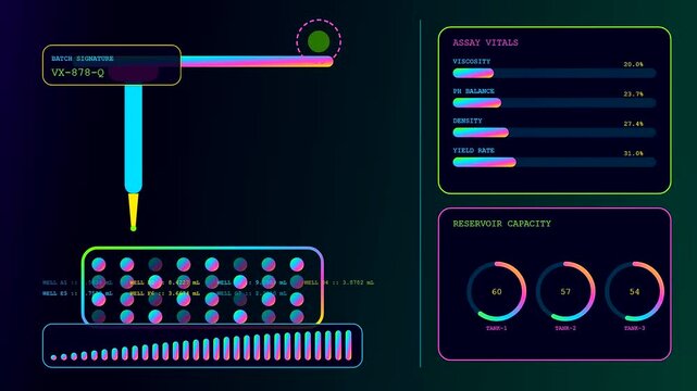 A digital virtual lab interface displays fluid chemical analysis process on a dark screen with vibrant neon bar charts and circular data panels in motion
