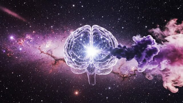 Cosmic human brain glowing with stars and nebula galaxy background, with purple smoke, and light flash, sparking creativity and intelligence