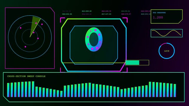 a virtual lab interface displays radar waves and glowing oval objects across three separate streaming screens with changing data metrics inside a dark digital environment