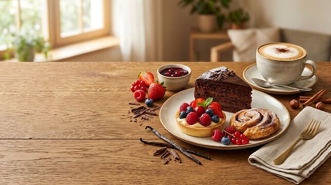 A Moment of Sweet Indulgence: A delectable spread of pastries, including a rich chocolate cake, fruit tart, and cinnamon roll.