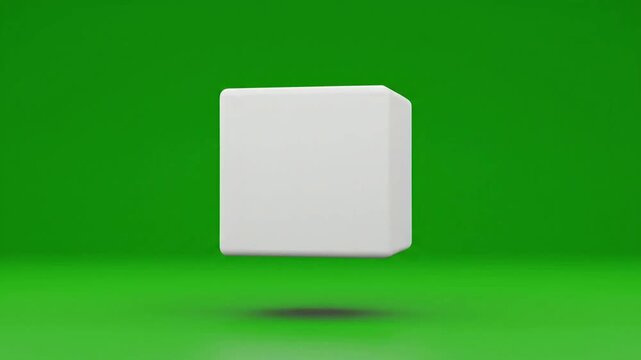 3D white cube rotating on green background: minimalist geometric shape animation for projects 3D shape