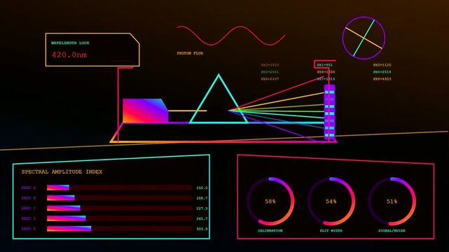 A digital virtual lab interface displays light refraction through a glowing prism with shifting spectral data metrics and circular monitoring charts in a dark room environment