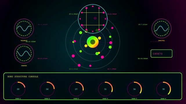 a virtual lab interface displays complex molecular bonding cycles and data visualizations with glowing circular nodes on a dark digital monitor for scientific research analysis