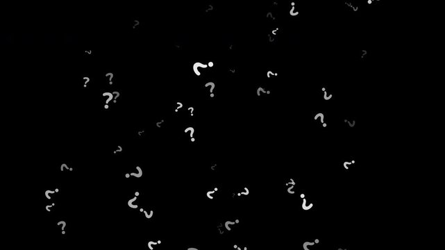Seamless 10-second loop of intense white glowing question marks swirling upward in a massive 3D helical cyclone against a pure black background. Features dynamic depth sorting, tilt perspective, and a