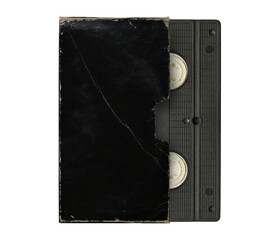 Fototapeta na wymiar Old blank VHS black sleeve and cassette tape, aged sleeve texture, png isolated on transparent background