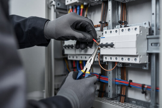 elettricista al lavoro quadro elettrico mani 