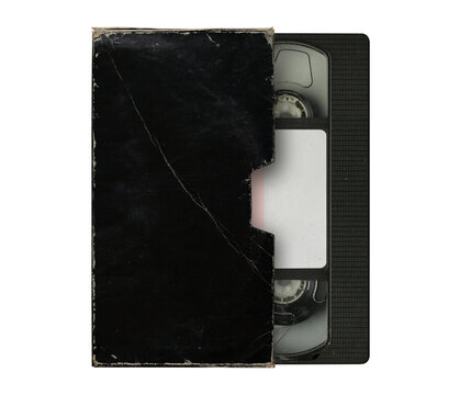 Vintage blank VHS black sleeve and cassette tape, damaged sleeve texture, png isolated on transparent background