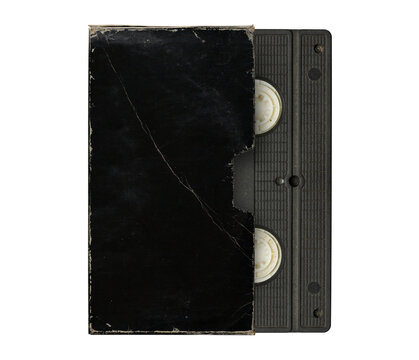Old blank VHS black sleeve and cassette tape, aged sleeve texture, png isolated on transparent background