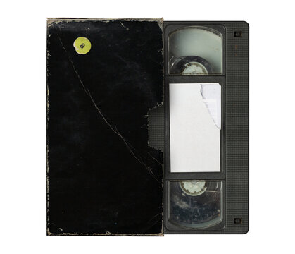 Grunge blank VHS black sleeve and cassette tape, sleeve texture, png isolated on transparent background
