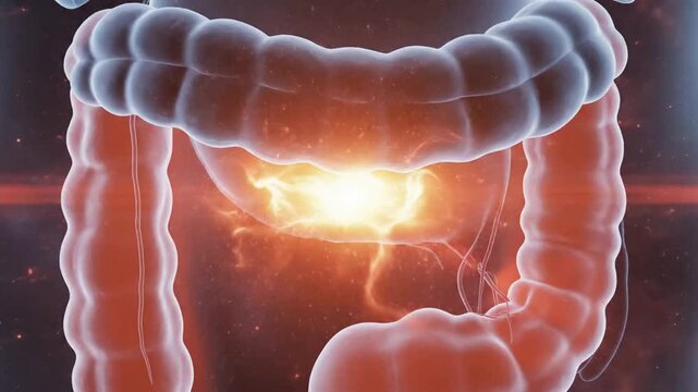 Human intestine inflammation and digestive system health 3D animation: medical science infection and abdominal pain visualization concept