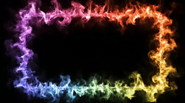 Vibrant rainbow fire burning frame animation on black background, dynamic color changing flame border for overlay