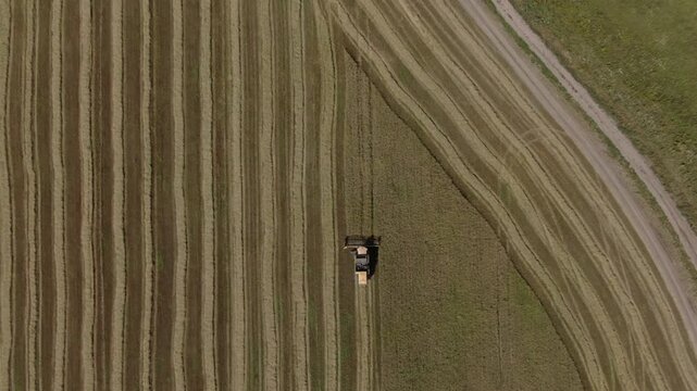 Drone lowers forward above harvest strips, D-Log