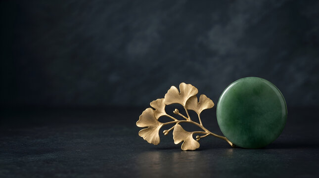 Dried ginkgo biloba leaves in gold tones beside green jade sphere on dark textured surface