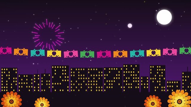 Dia de los Muertos Night Fiesta Town Fireworks Papel Picado Animation Background