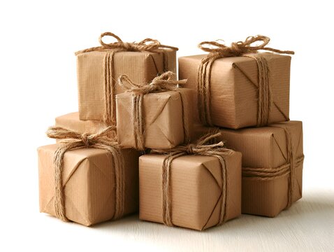 Stack of rustic brown paper wrapped gifts tied with twine on white background
