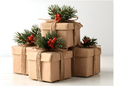 Stack of rustic Christmas gift boxes tied with twine and decorated with pine sprigs and red berries