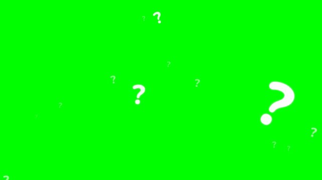 Seamless 10-second loop of white glowing question marks on a pure green screen. Features evenly spaced, pulsating hero particles that slowly recede and drift diagonally, avoiding overlap while maintai