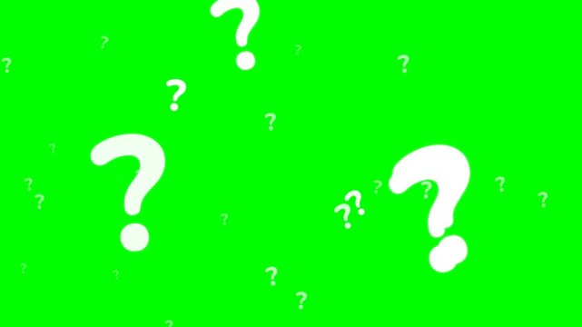 Seamless 10-second loop of white glowing question marks on a pure green screen. Features giant question marks that suddenly appear and slowly recede into the background, alongside floating background