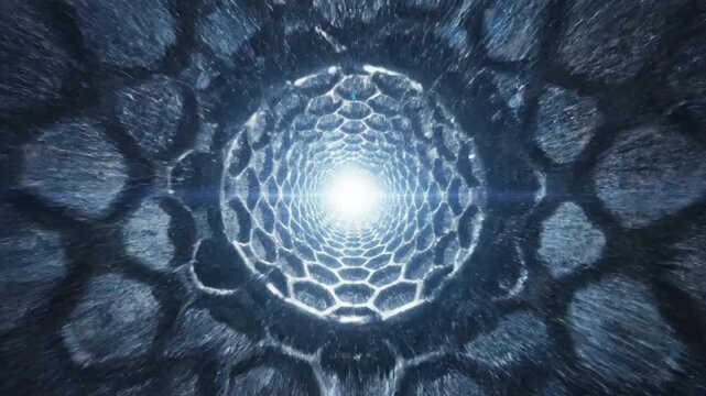 Futuristic nanotube sci-fi tunnel flight with glowing light source and abstract metallic hexagon geometry