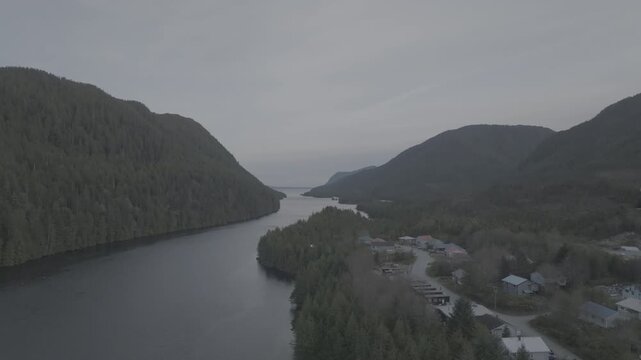 Winding Inlet Channel Between Forested Hills &mdash; Aerial