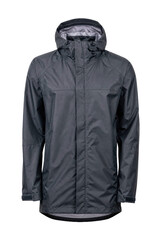 Dark gray waterproof hooded jacket with a textured ripstop fabric, featuring adjustable cuffs and a full-length zipper, isolated on a white background © Chinases