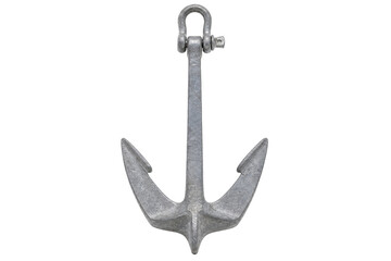 Single shiny silver metal boat anchor with a shackle on top, isolated on a clean white background © Chinases