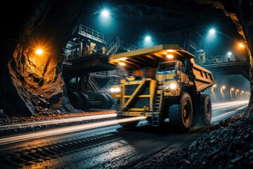 Fototapeta premium Large yellow mining truck drives through dark underground tunnel. Heavy machinery moves coal in anthracite mine. Motion blur shows fast transport of minerals by giant dump truck. Industrial operation