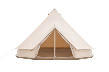 Large beige canvas bell tent with its entrance open, featuring guy ropes and a pointed roof, isolated on a white background © Chinases