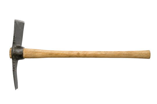 Sturdy, rustic pickaxe with a weathered wooden handle and sharp metal head, isolated on a clean white background