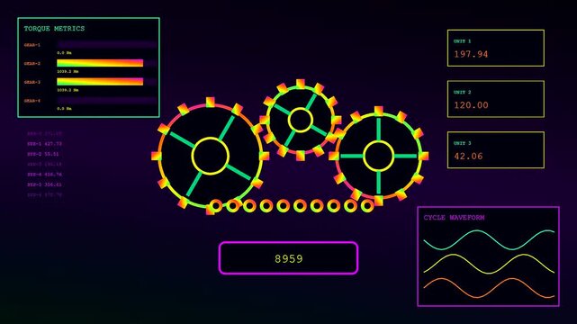 the wage stream visual readout displays dynamic gear rotations with flickering neon metrics and digital wave forms moving across a dark screen during analytical data processing