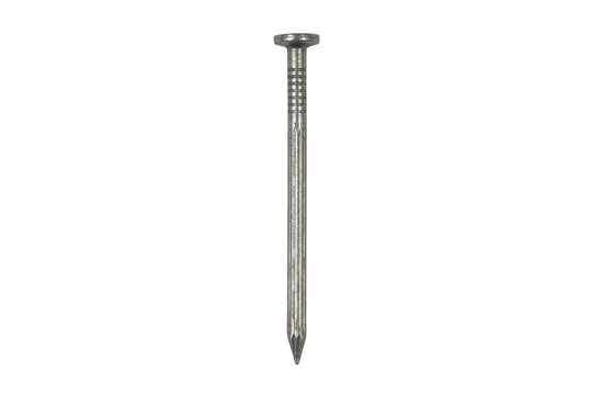 Single shiny metal nail with a textured shaft and flat head, captured vertically on a clean white background