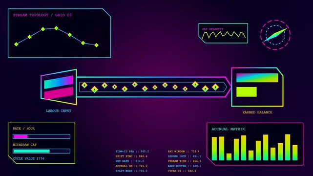 a wage stream visualization displayed within three panel sequence shows glowing neon charts and metrics shifting across dark digital interface while processing financial data statistics